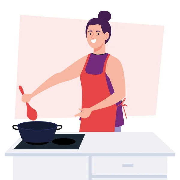 Mujer cocinar usando delantal con estufa, y suministros de cocina — Vector de stock