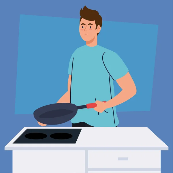 Uomo che cucina con padella in cucina — Vettoriale Stock