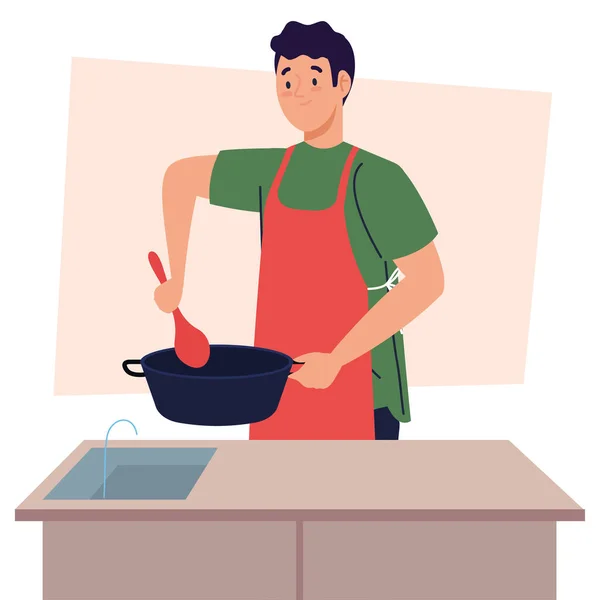 Άνθρωπος μαγείρεμα χρησιμοποιώντας ποδιά με κατσαρόλα στη σκηνή της κουζίνας — Διανυσματικό Αρχείο