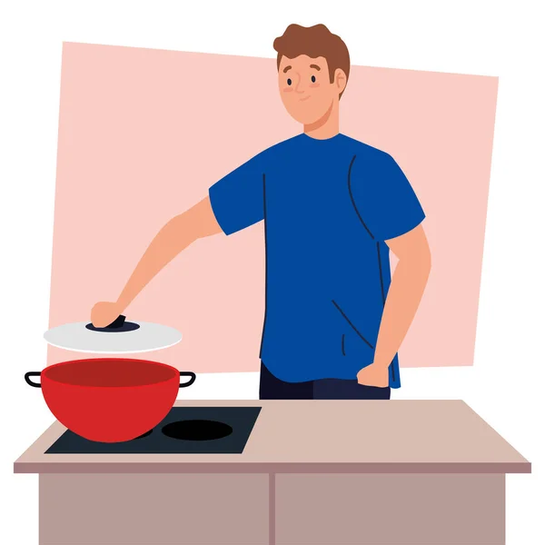 Mann kocht mit Topf auf Küchenszene — Stockvektor