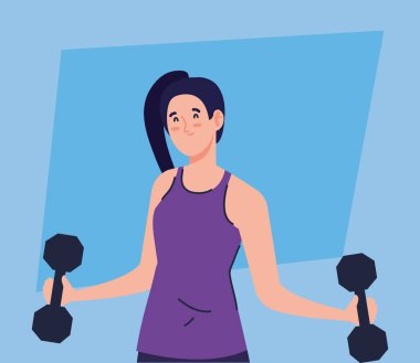 Kadın dambıllarla egzersiz yapıyor, spor egzersizleri yapıyor.