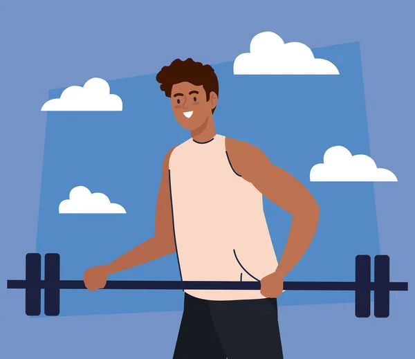 Hombre afro con barra de pesas al aire libre, deporte de ejercicio recreación — Vector de stock