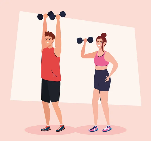 Couple doing exercises with dumbbells, sport recreation exercise — Stock Vector