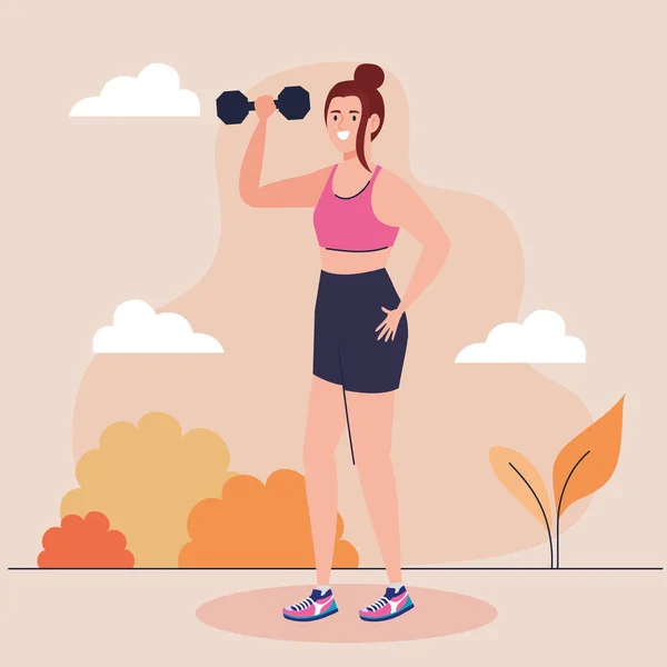 Žena dělá cvičení s činka venku, sportovní rekreační cvičení — Stockový vektor
