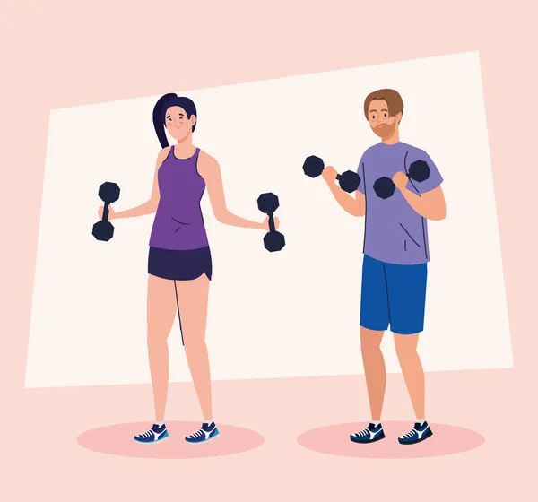 Jeune couple faisant des exercices avec haltères, exercice de loisirs sportifs — Image vectorielle