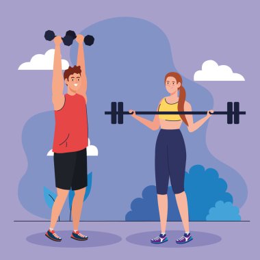 Genç çift dışarıda spor yapıyor, spor yapıyor.