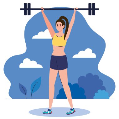 Genç bir kadın dışarıda ağırlık ölçer, spor egzersizi yapıyor.