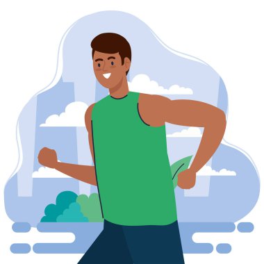 Adam afro koşuyor, spor eğlencesi konsepti.