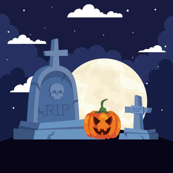 Šťastný halloween prapor se scénou hřbitov s dýní v tmavé noci — Stockový vektor