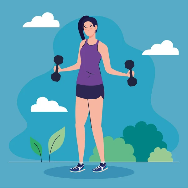 Žena dělá cvičení s činky venku, sportovní rekreační cvičení — Stockový vektor