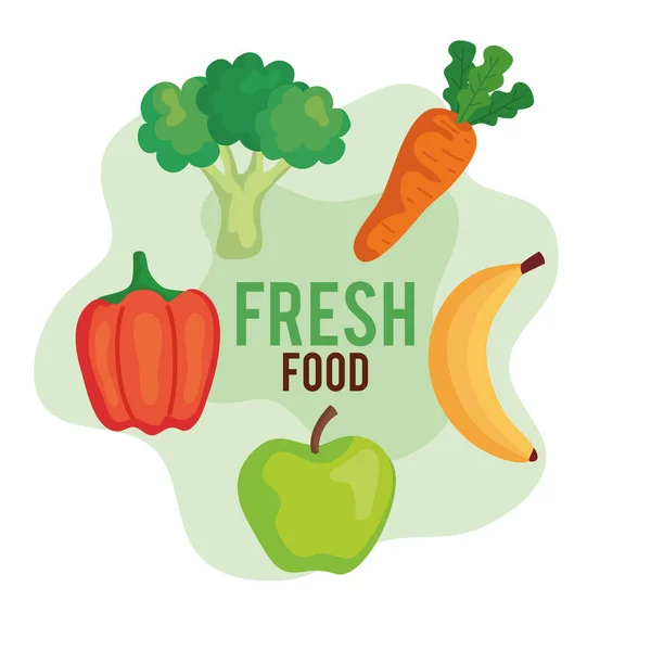 Fana av färska livsmedel, frukt och grönsaker, begreppet hälsosam mat — Stock vektor