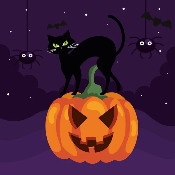 Feliz estandarte de halloween con gato en calabaza y arañas — Vector de stock