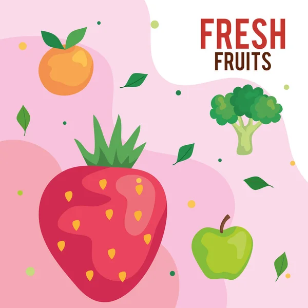 Banner con frutas frescas y brócoli, concepto de comida saludable — Vector de stock