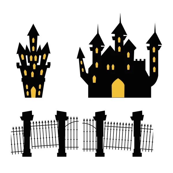 Castillos encantados con cementerio de la puerta sobre fondo blanco — Vector de stock