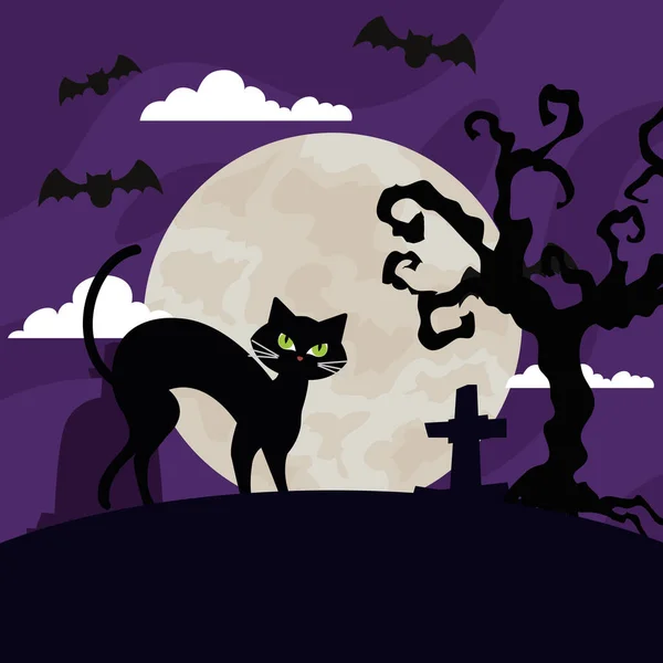 Banner feliz halloween com gato, morcegos voando, árvore seca e lua —  Vetores de Stock