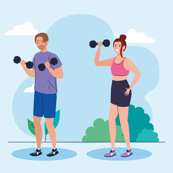 Couple doing exercises with dumbbells outdoor, sport recreation exercise — Stock Vector