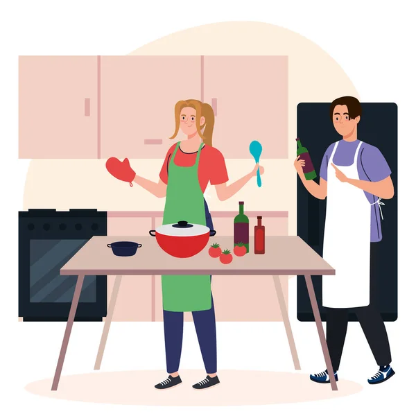 Giovane coppia cucina con forniture sulla scena cucina — Vettoriale Stock