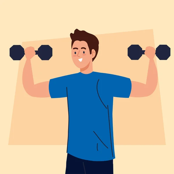 Hombre haciendo ejercicios con pesas, concepto de recreación deportiva — Vector de stock