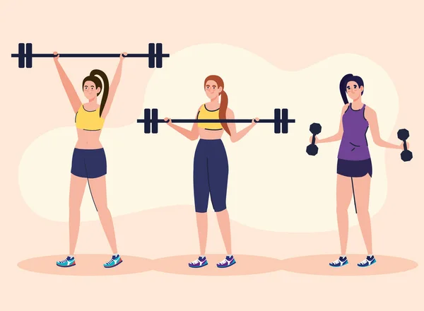 Femmes faisant des exercices avec barre de poids en plein air, concept de loisirs sportifs — Image vectorielle