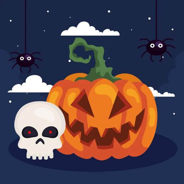 Joyeuse bannière halloween avec citrouille, crâne de tête et araignées — Image vectorielle