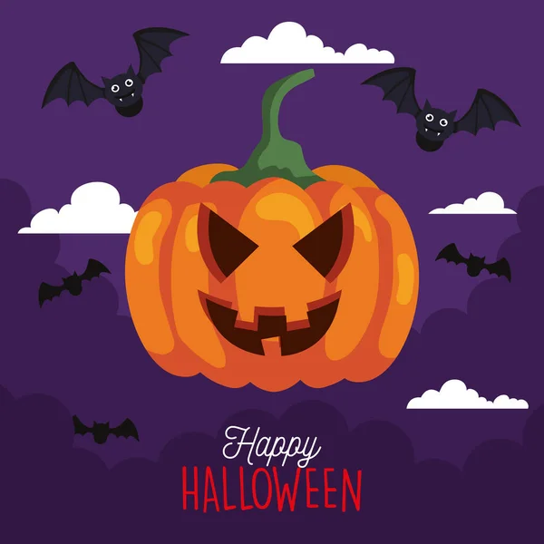 Bannière d'Halloween heureux et de citrouille avec des chauves-souris volant — Image vectorielle