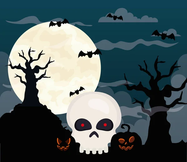 Feliz halloween fondo con cráneo, calabazas, árboles secos, murciélagos volando y luna llena — Vector de stock
