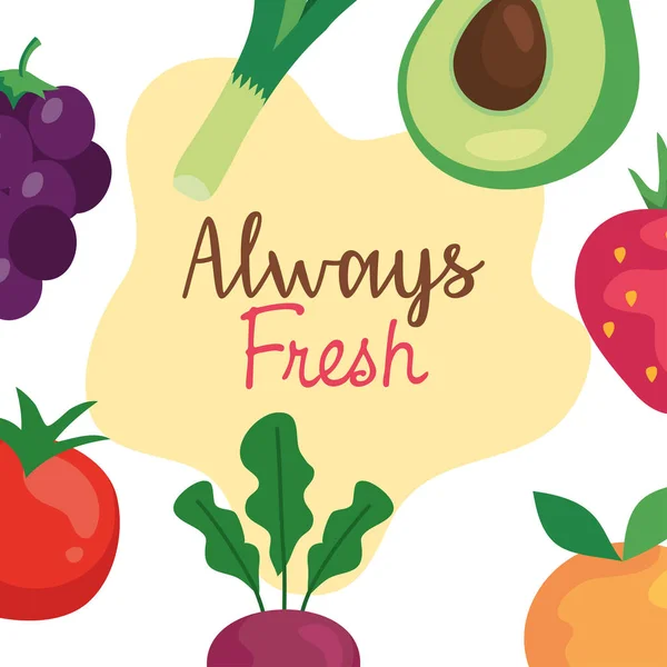 Banner frutas y verduras siempre fresco, concepto de comida saludable — Vector de stock