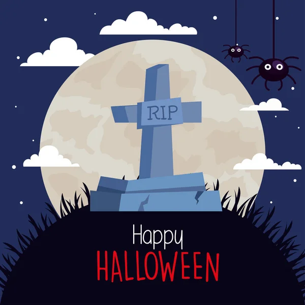 Feliz banner halloween com lápide e aranhas —  Vetores de Stock