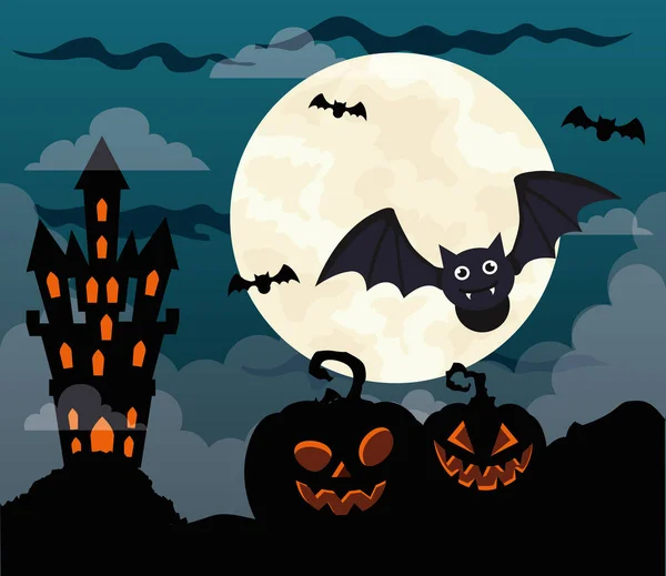 Feliz halloween fondo con castillo encantado, calabazas, murciélagos volando y luna llena — Archivo Imágenes Vectoriales