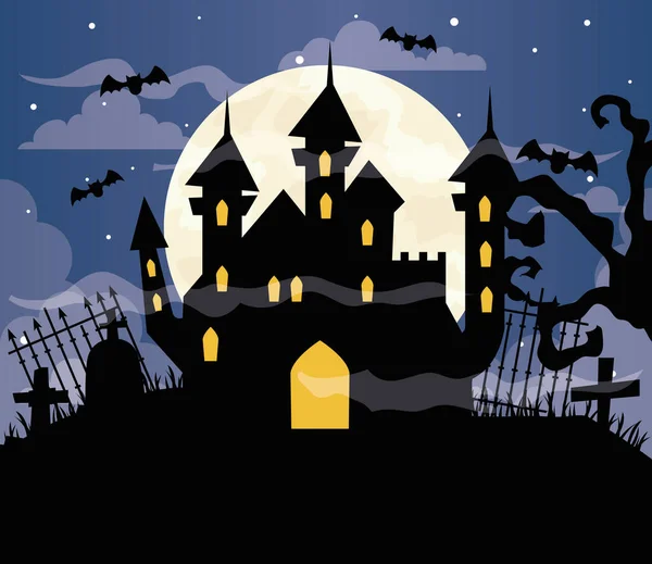 Feliz halloween fondo con castillo embrujado en escena cementerio — Vector de stock