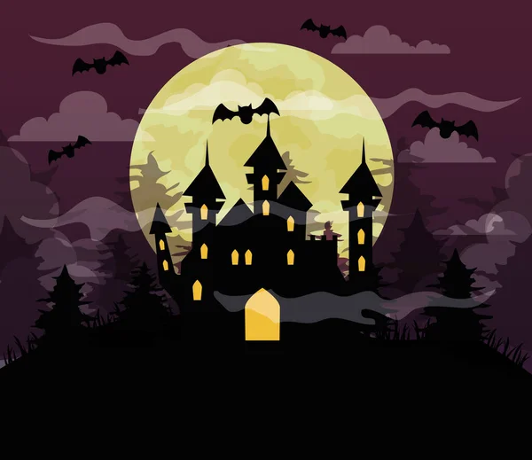 Feliz halloween fondo con castillo encantado, murciélagos volando, luna llena en la noche oscura — Vector de stock