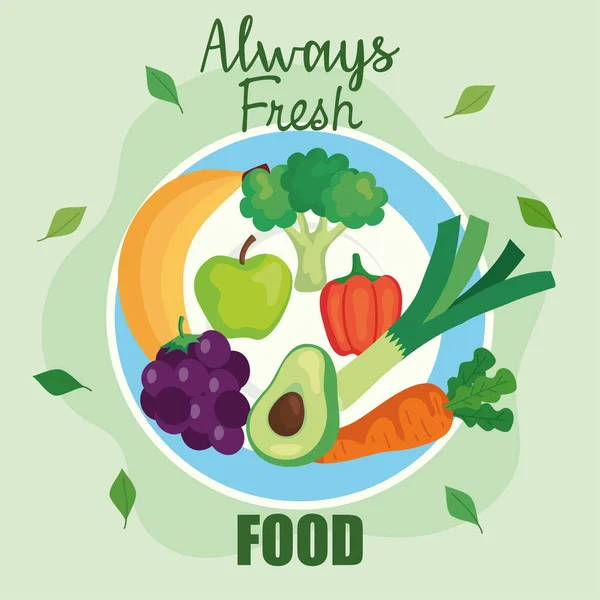 Baner zawsze świeże jedzenie, owoce i warzywa, koncepcja zdrowej żywności — Wektor stockowy