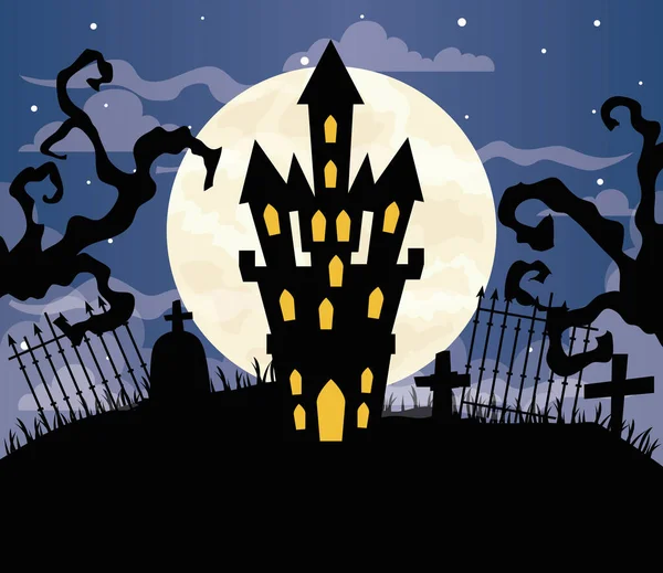 Feliz halloween fundo com castelo assombrado no cemitério cena — Vetor de Stock