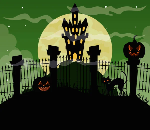Счастливый Хэллоуин на фоне замка с привидениями и кроликами — стоковый вектор