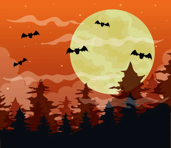 Gelukkig halloween achtergrond met griezelig bos en vleermuizen vliegen — Stockvector