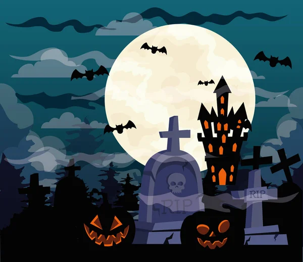 Feliz fondo de Halloween con calabazas, castillo encantado y lápidas cementerio — Archivo Imágenes Vectoriales