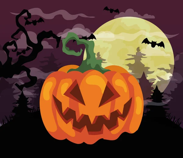 Gelukkig halloween achtergrond met pompoen, droge boom, vleermuizen vliegen en volle maan — Stockvector
