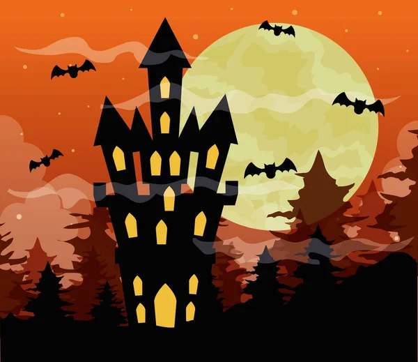 Счастливый Хэллоуин на фоне замка с привидениями, летучими мышами и полной луной на оранжевом небе — стоковый вектор