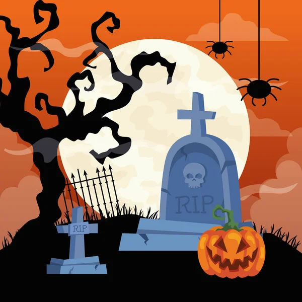 Gelukkig halloween achtergrond met pompoen, droge boom, spinnen opknoping en grafstenen begraafplaats — Stockvector
