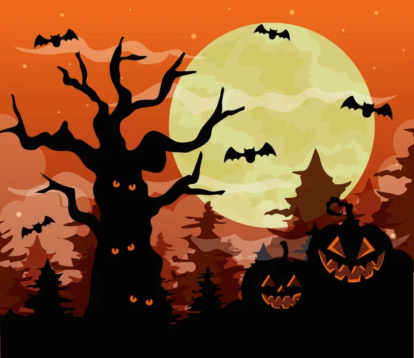 Happy halloween background with pumpkins, dry tree haunted, bats flying and full moon — Stock Vector