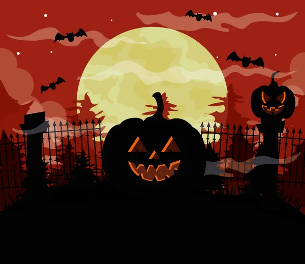 Feliz halloween fundo com abóboras, morcegos voando e lua cheia — Vetor de Stock