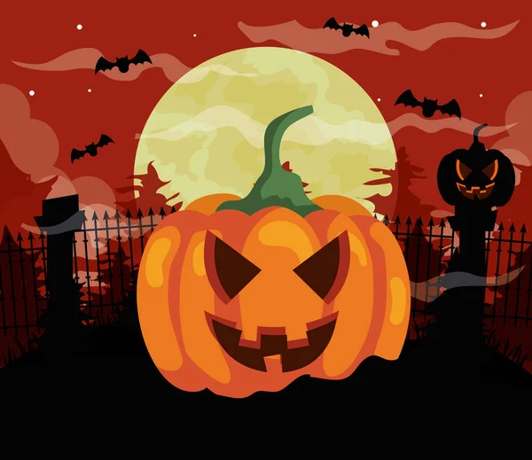 Feliz halloween fundo com abóboras, morcegos voando e lua cheia — Vetor de Stock