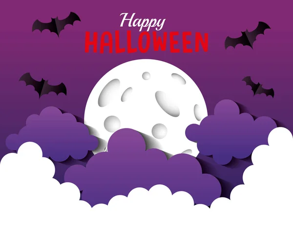 Glad halloween banner, med fladdermöss flyger, fullmåne och moln papper skära stil — Stock vektor