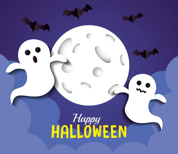 Feliz banner halloween, com fantasmas, lua cheia e morcegos voando em estilo de corte de papel — Vetor de Stock