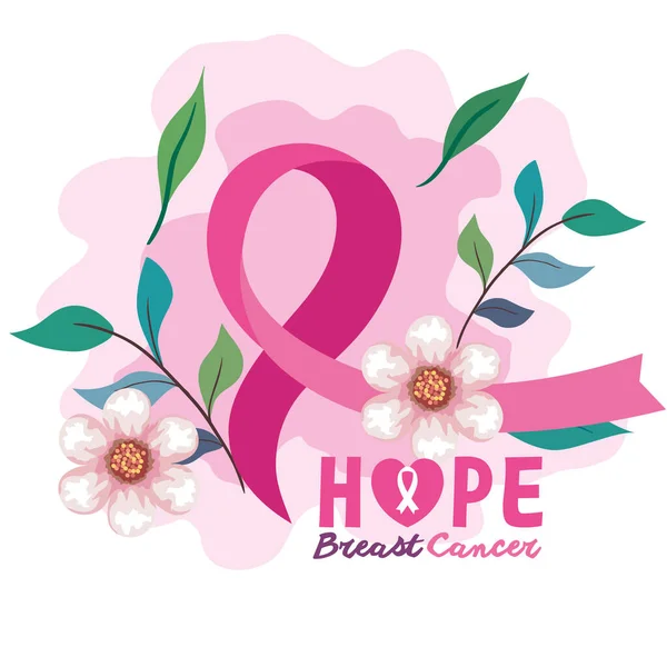 Pink ribbon, symbol of world breast cancer awareness month in october, with flowers and leaves decoration — Stock Vector