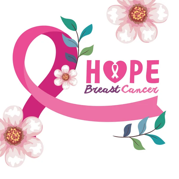 Nastro rosa, simbolo del mese mondiale di sensibilizzazione al cancro al seno in ottobre, con foglie e decorazioni floreali — Vettoriale Stock
