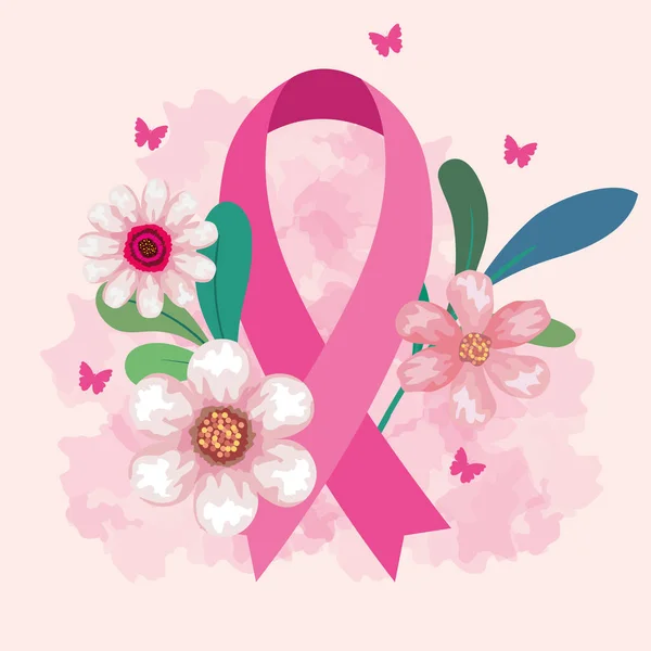 Symbole du mois mondial de sensibilisation au cancer du sein en octobre avec ruban rose, fleurs, feuilles et papillons — Image vectorielle