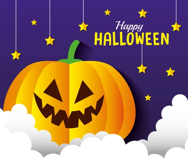 Gelukkig Halloween banner, met pompoen, sterren en wolken in papier gesneden stijl — Stockvector