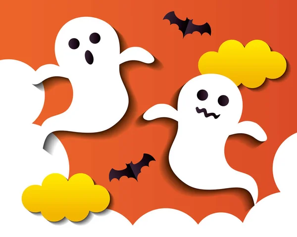 Счастливый Хэллоуин баннер, с призраками и летучих мышей, летящих в стиле порезов бумаги — стоковый вектор