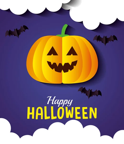 Glad halloween banner, med pumpa, moln och fladdermöss flyger i papper skuren stil — Stock vektor